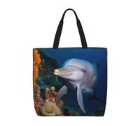 FHEBNDS Dolphin On Coral Tote Bag for Women, Zipper Casual Tote's Handbag for Travel, Work, Lightweight Laptop Bags Big Capacity Shoulder Bag Reusable Grocery Shopping Bags