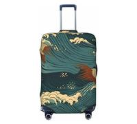 FHEBNDS Japan Wave Wallpapers Luggage Cover Washable Suitcase Cover Tsa Approved Elastic Spandex Suitcase Protector Anti-Scratch Travel Baggage Covers Fit 18-32 Inch Luggage, Black, L
