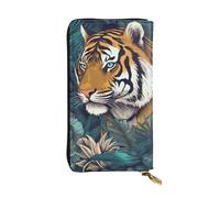 FHEBNDS Leather Wallet for Men Women, RFID Blocking, Large Capacity Zip Card Phone Holder with 12 Card Slots, Slim Minimalist Cash Wallets Travel Long Purse Tropical tiger Clutch Bag