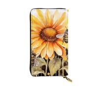 FHEBNDS Leather Wallet for Men Women, RFID Blocking, Large Capacity Zip Card Phone Holder with 12 Card Slots, Slim Minimalist Cash Wallets Travel Long Purse Blackboard Bees Sunflowers Clutch Bag