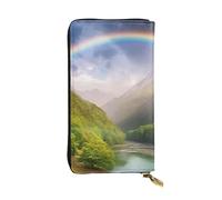 FHEBNDS Leather Wallet for Men Women, RFID Blocking, Large Capacity Zip Card Phone Holder with 12 Card Slots, Slim Minimalist Cash Wallets Travel Long Purse Mountain Valley with Rainbow Clutch Bag