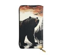 FHEBNDS Leather Wallet for Men Women, RFID Blocking, Large Capacity Zip Card Phone Holder with 12 Card Slots, Slim Minimalist Cash Wallets Travel Long Purse Bear silhouette Clutch Bag