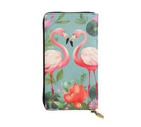 FHEBNDS Leather Wallet for Men Women, RFID Blocking, Large Capacity Zip Card Phone Holder with 12 Card Slots, Slim Minimalist Cash Wallets Travel Long Purse Flamingo Love Flowers Clutch Bag