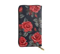 FHEBNDS Leather Wallet for Men Women, RFID Blocking, Large Capacity Zip Card Phone Holder with 12 Card Slots, Slim Minimalist Cash Wallets Travel Long Purse Beautiful Red Rose Flowers Clutch Bag