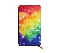 FHEBNDS Leather Wallet for Men Women, RFID Blocking, Large Capacity Zip Card Phone Holder with 12 Card Slots, Slim Minimalist Cash Wallets Travel Long Purse Colorful Rainbow Love Heart Clutch Bag