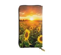 FHEBNDS Leather Wallet for Men Women, RFID Blocking, Large Capacity Zip Card Phone Holder with 12 Card Slots, Slim Minimalist Cash Wallets Travel Long Purse Sunflower Field Sunset Clutch Bag