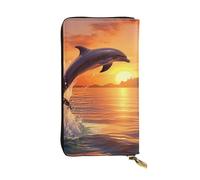 FHEBNDS Leather Wallet for Men Women, RFID Blocking, Large Capacity Zip Card Phone Holder with 12 Card Slots, Slim Minimalist Cash Wallets Travel Long Purse Sunset Dolphin Clutch Bag