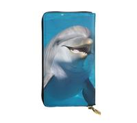 FHEBNDS Leather Wallet for Men Women, RFID Blocking, Large Capacity Zip Card Phone Holder with 12 Card Slots, Slim Minimalist Cash Wallets Travel Long Purse Dolphin with a Smile Clutch Bag