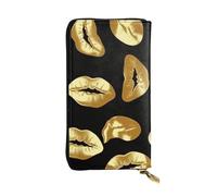 FHEBNDS Leather Wallet for Men Women, RFID Blocking, Large Capacity Zip Card Phone Holder with 12 Card Slots, Slim Minimalist Cash Wallets Travel Long Purse Gold Lips Clutch Bag