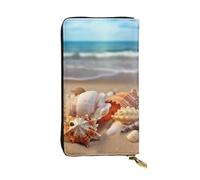 FHEBNDS Leather Wallet for Men Women, RFID Blocking, Large Capacity Zip Card Phone Holder with 12 Card Slots, Slim Minimalist Cash Wallets Travel Long Purse Seashells on the sandy beach Clutch Bag