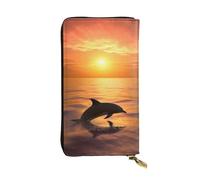 FHEBNDS Leather Wallet for Men Women, RFID Blocking, Large Capacity Zip Card Phone Holder with 12 Card Slots, Slim Minimalist Cash Wallets Travel Long Purse Dolphin and sunset Clutch Bag