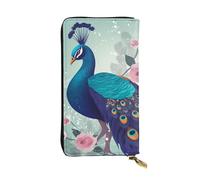 FHEBNDS Leather Wallet for Men Women, RFID Blocking, Large Capacity Zip Card Phone Holder with 12 Card Slots, Slim Minimalist Cash Wallets Travel Long Purse Beautiful Peacock and Floral Clutch Bag