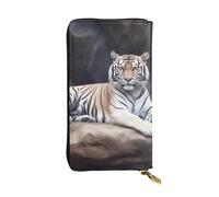 FHEBNDS Leather Wallet for Men Women, RFID Blocking, Large Capacity Zip Card Phone Holder with 12 Card Slots, Slim Minimalist Cash Wallets Travel Long Purse Tiger sitting on rock animal Clutch Bag