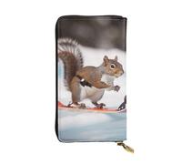 FHEBNDS Leather Wallet for Men Women, RFID Blocking, Large Capacity Zip Card Phone Holder with 12 Card Slots, Slim Minimalist Cash Wallets Travel Long Purse Skiing Squirrel Clutch Bag