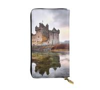 FHEBNDS Leather Wallet for Men Women, RFID Blocking, Large Capacity Zip Card Phone Holder with 12 Card Slots, Slim Minimalist Cash Wallets Travel Long Purse Castle Near Lake Stones Clutch Bag