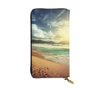 FHEBNDS Leather Wallet for Men Women, RFID Blocking, Large Capacity Zip Card Phone Holder with 12 Card Slots, Slim Minimalist Cash Wallets Travel Long Purse Sunset on The Beach Clutch Bag