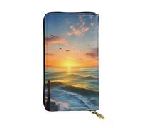 FHEBNDS Leather Wallet for Men Women, RFID Blocking, Large Capacity Zip Card Phone Holder with 12 Card Slots, Slim Minimalist Cash Wallets Travel Long Purse Sunset Sea Clutch Bag