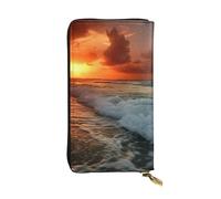 FHEBNDS Leather Wallet for Men Women, RFID Blocking, Large Capacity Zip Card Phone Holder with 12 Card Slots, Slim Minimalist Cash Wallets Travel Long Purse The Beach Sunset Clutch Bag