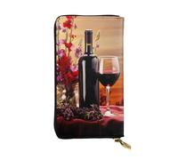 FHEBNDS Leather Wallet for Men Women, RFID Blocking, Large Capacity Zip Card Phone Holder with 12 Card Slots, Slim Minimalist Cash Wallets Travel Long Purse Red Wine Flower Clutch Bag