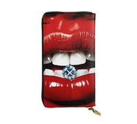 FHEBNDS Leather Wallet for Men Women, RFID Blocking, Large Capacity Zip Card Phone Holder with 12 Card Slots, Slim Minimalist Cash Wallets Travel Long Purse Red Lips with Diamond Clutch Bag