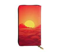 FHEBNDS Leather Wallet for Men Women, RFID Blocking, Large Capacity Zip Card Phone Holder with 12 Card Slots, Slim Minimalist Cash Wallets Travel Long Purse Red Sunrise Clutch Bag