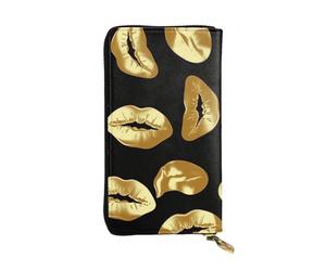 FHEBNDS Leather Wallet for Men Women, RFID Blocking, Large Capacity Zip Card Phone Holder with 12 Card Slots, Slim Minimalist Cash Wallets Travel Long Purse Gold Lips Clutch Bag