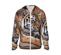 FHEBNDS Men's UPF 50+ Sun Protection Hoodie Jacket Full Zip Long Sleeve Tiger Lying on Wood Sun Shirt for Women with Pocket, Black, 3XL