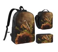 FHECVBN A Praying Mantis Backpack Set 3 PCS - 17 Inch Laptop Backpack with Lunch Bag, Waterproof Daypack Insulated Lunch Box Large Capacity Coin Pouch Personalized Gift