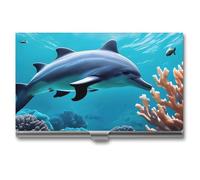 FHECVBN Business Card Holder Beautiful Underwater World Dolphins Coral Printed Pocket Name Card Case Slim Metal Business Card Organizer Credit Card Holder Buckle Style Shut for Men Women Agents