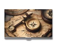 FHECVBN Business Card Holder Compass And Old World Map Printed Pocket Name Card Case Slim Metal Business Card Organizer Credit Card Holder Buckle Style Shut for Men Women Agents