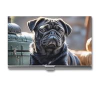 FHECVBN Business Card Holder Cute Black Pug Dog Printed Pocket Name Card Case Slim Metal Business Card Organizer Credit Card Holder Buckle Style Shut for Men Women Agents