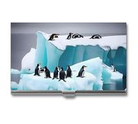 FHECVBN Business Card Holder Penguins On The Iceberg Printed Pocket Name Card Case Slim Metal Business Card Organizer Credit Card Holder Buckle Style Shut for Men Women Agents, Penguins On The