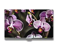 FHECVBN Business Card Holder Purple Orchids Print Printed Pocket Name Card Case Slim Metal Business Card Organizer Credit Card Holder Buckle Style Shut for Men Women Agents, Purple Orchids Print, 3.7