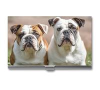 FHECVBN Business Card Holder Two Cute Bulldog Dogs Printed Pocket Name Card Case Slim Metal Business Card Organizer Credit Card Holder Buckle Style Shut for Men Women Agents, Two Cute Bulldog Dogs,