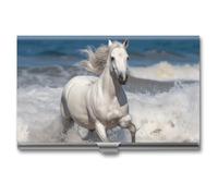 FHECVBN Business Card Holder White Horse Running on The Sea Printed Pocket Name Card Case Slim Metal Business Card Organizer Credit Card Holder Buckle Style Shut for Men Women Agents