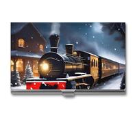 FHECVBN Business Card Holder Winter Christmas Snow Night Railway Train Printed Pocket Name Card Case Slim Metal Business Card Organizer Credit Card Holder Buckle Style Shut for Men Women Agents,