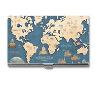 FHECVBN Business Card Holder World Map Printed Pocket Name Card Case Slim Metal Business Card Organizer Credit Card Holder Buckle Style Shut for Men Women Agents