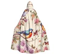 FHEDVBN Birds on Branches and Butterflies Hooded Cloak Cape Unisex Adult Knight Costume Medieval Robe Long Halloween Cosplay Outfit