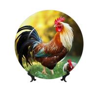 FHEDVBN Decorative Plate for Display, Beautiful Rooster Hen Bone China Decorative Plate 6in, Ceramic Dinner Plate with Stand, Wall Hanging Ornaments, Elegant Art Crafts for Women Men Gifts