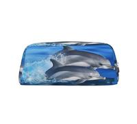 FHEDVBN Dolphin Family Makeup Bag Travel Toiletry Bag Big Pencil Bag for Women Men Leather Zipper Coin Pouch Purse, Silver, One size
