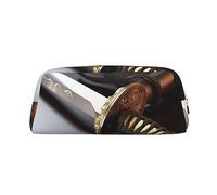 FHEDVBN Japan Samurai Sword Makeup Bag Travel Toiletry Bag Big Pencil Bag for Women Men Leather Zipper Coin Pouch Purse, Gold, One size