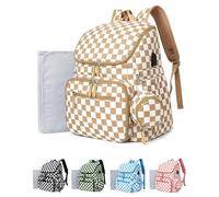 FHELAD Checkered Diaper Bag Backpack with Changing Pad & Stroller Clips, Light Brown, One Size, Diaper Bag Backpack