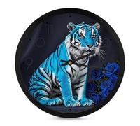 FHESDCW 10 Inch Silent Wall Clock Round Modern Decorative Clocks - Battery Operated, Blue Rose Tiger Wall Clock for Office, Bedroom, Living Room, Black-Style