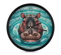 FHESDCW 10 Inch Silent Wall Clock Round Modern Decorative Clocks - Battery Operated, Cute Hippopotamus Wall Clock for Office, Bedroom, Living Room, Black-Style