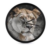 FHESDCW 10 Inch Silent Wall Clock Round Modern Decorative Clocks - Battery Operated, Lioness Wall Clock for Office, Bedroom, Living Room, Black-Style