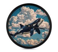 FHESDCW 10 Inch Silent Wall Clock Round Modern Decorative Clocks - Battery Operated, Orcas in The Sky and Clouds Wall Clock for Office, Bedroom, Living Room, Black-Style