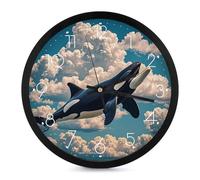 FHESDCW 10 Inch Silent Wall Clock Round Modern Decorative Clocks - Battery Operated, Orcas in The Sky and Clouds Wall Clock for Office, Bedroom, Living Room, White-Style