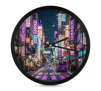 FHESDCW 10 Inch Silent Wall Clock Round Modern Decorative Clocks - Battery Operated, Purple Tokyo Streets Wall Clock for Office, Bedroom, Living Room, Black-Style