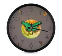 FHESDCW 10 Inch Silent Wall Clock Round Modern Decorative Clocks - Battery Operated, Sun and Moon Green Moth Wall Clock for Office, Bedroom, Living Room, Black-Style