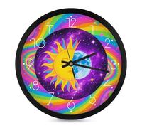 FHESDCW 10 Inch Silent Wall Clock Round Modern Decorative Clocks - Battery Operated, Sun and Moon Psychedelic Wall Clock for Office, Bedroom, Living Room, White-Style